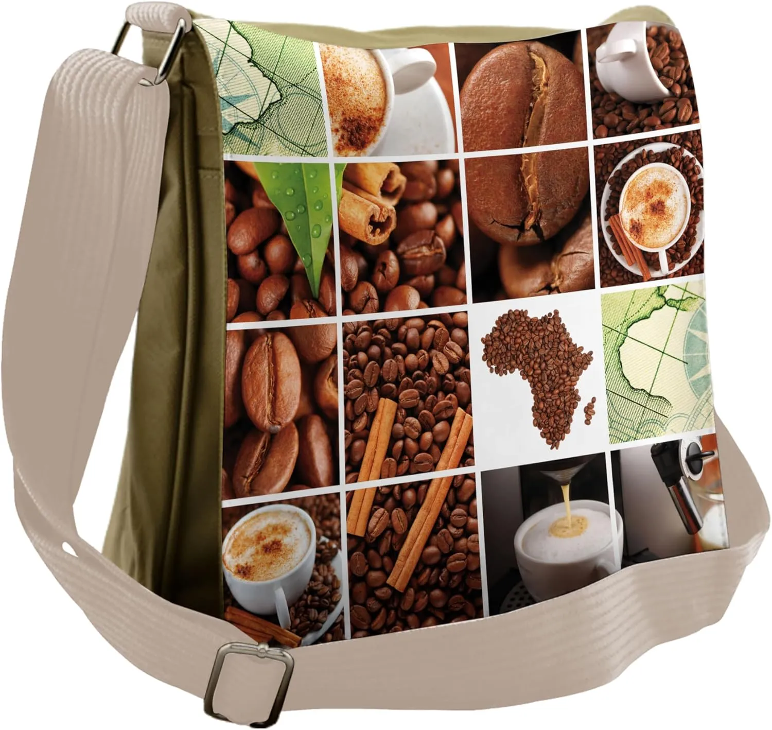 Lunarable African Messenger Bag, Coffee Beans Mugs Collage, Unisex Cross-body