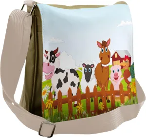 Lunarable Animal Messenger Bag, Farmland Cow Horse and Goat, Unisex Cross-body