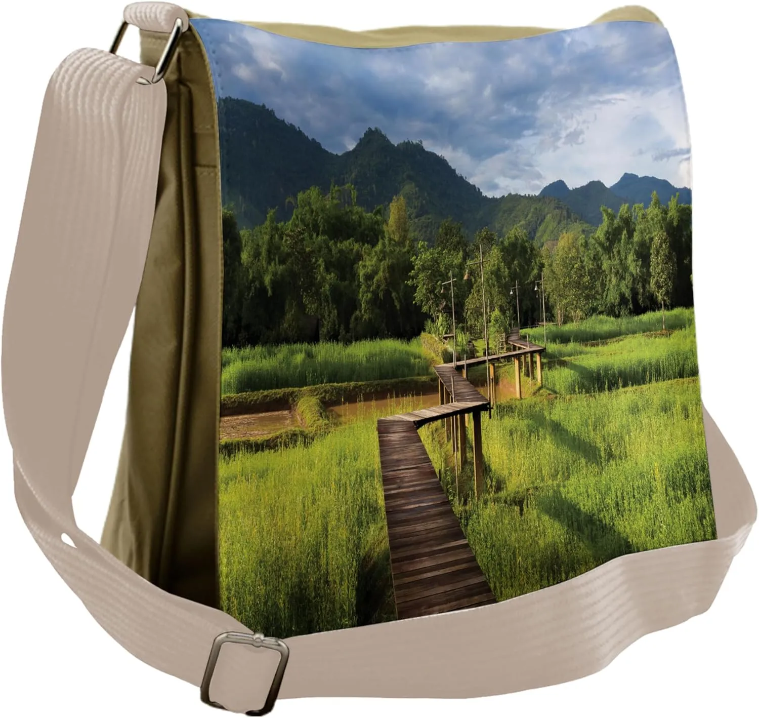 Lunarable Asian Messenger Bag, Rice Field Oriental Farmland, Unisex Cross-body