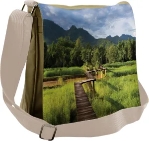 Lunarable Asian Messenger Bag, Rice Field Oriental Farmland, Unisex Cross-body
