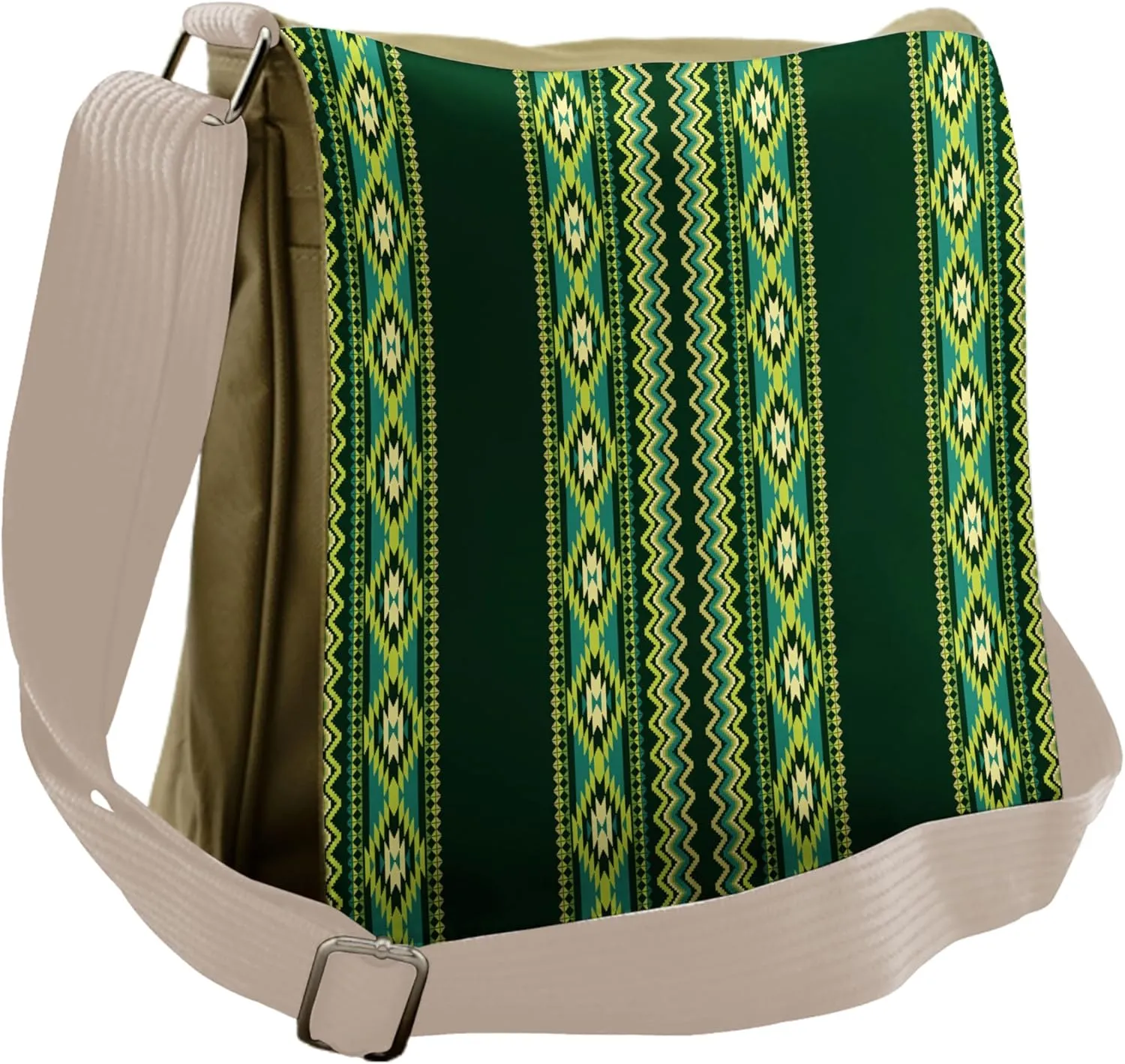 Lunarable Aztec Messenger Bag, Vertical Borders in Green, Unisex Cross-body