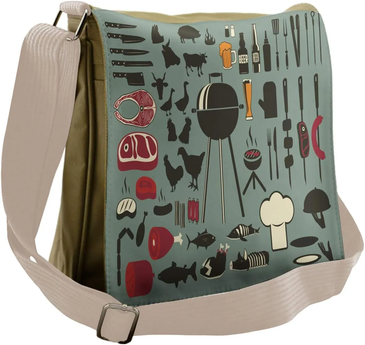 Lunarable BBQ Party Messenger Bag, Variety of Meat Animals, Unisex Cross-body