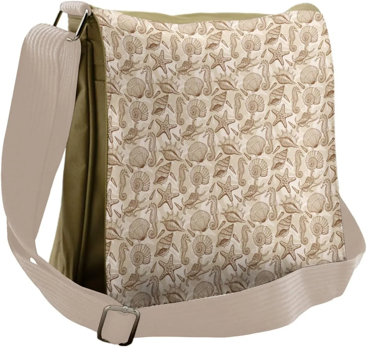 Lunarable Beige Messenger Bag, Nautical Themed Shellfish, Unisex Cross-body