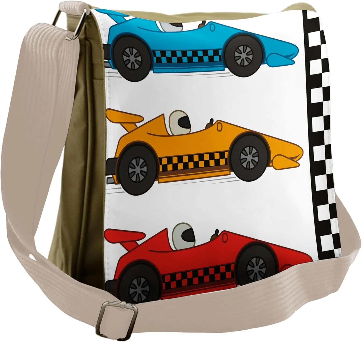 Lunarable Cartoon Messenger Bag, Race Cars at Start Line, Unisex Cross-body