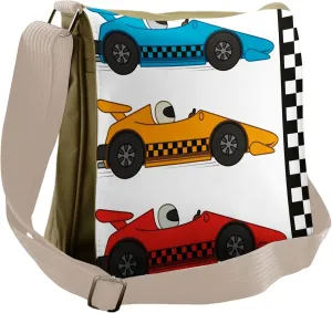 Lunarable Cartoon Messenger Bag, Race Cars at Start Line, Unisex Cross-body
