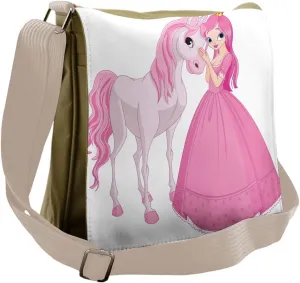Lunarable Cartoon Messenger Bag, Young Lady with Her Pony, Unisex Cross-body