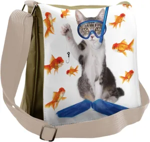 Lunarable Cat Messenger Bag, Humorous Goldfish Fishing Theme, Unisex Cross-body