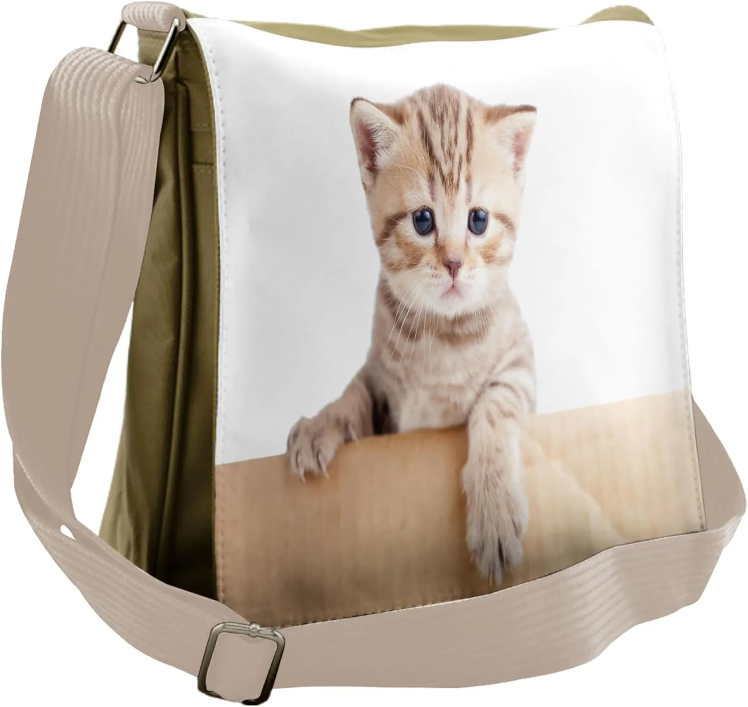 Lunarable Cat Messenger Bag, Scottish Fold Kitten Cardboard, Unisex Cross-body