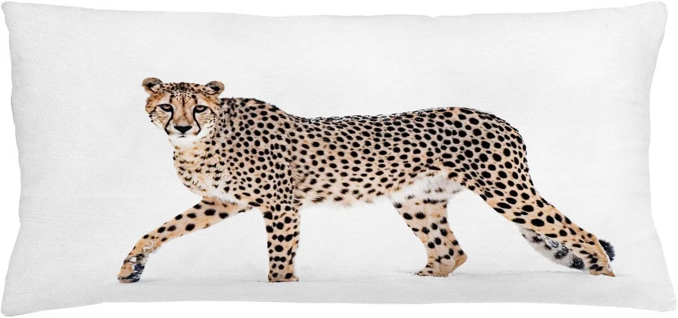 Lunarable Cheetah Throw Pillow Cushion Cover, Dangerous Animal with Spots on Skin Making Eye Contact While Walking, Decorative Rectangle Accent Pillow Case, 36" X 16", Beige Charcoal Grey White