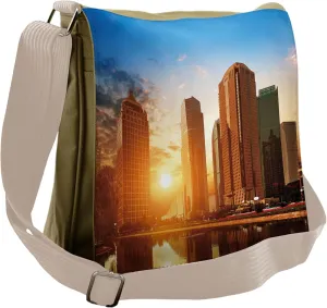 Lunarable City Messenger Bag, Skyscrapers of Shanghai Sunset, Unisex Cross-body