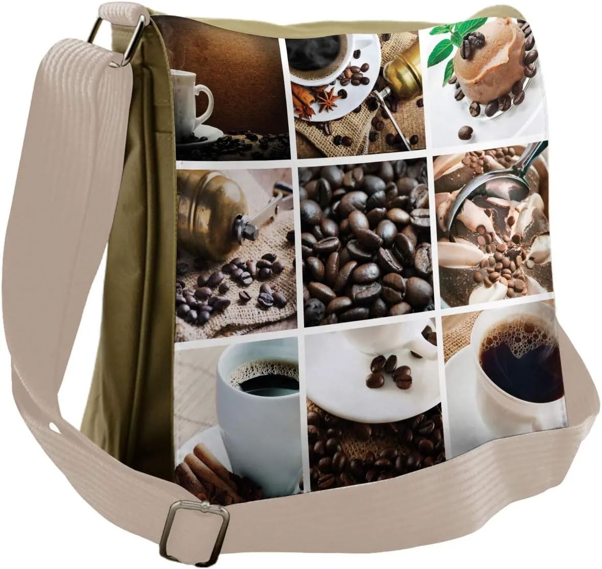 Lunarable Coffee Messenger Bag, Collage of Coffee Products, Unisex Cross-body