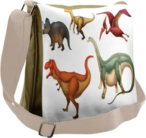 Lunarable Dinosaur Messenger Bag, Cartoon Extinct Creatures, Unisex Cross-body