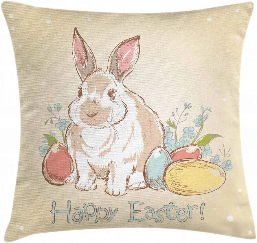 Lunarable Easter Throw Pillow Cushion Cover, Bunny in Hand Drawn Style with Eggs and Blossoms Retro, Decorative Square Accent Pillow Case, 24" X 24", Blue Beige