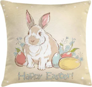 Lunarable Easter Throw Pillow Cushion Cover, Bunny in Hand Drawn Style with Eggs and Blossoms Retro, Decorative Square Accent Pillow Case, 24" X 24", Blue Beige