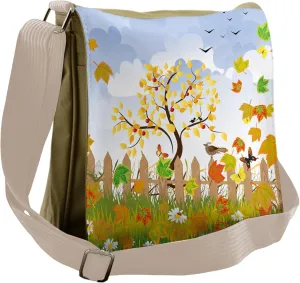 Lunarable Farmland Messenger Bag, Birds Butterflies on Fence, Unisex Cross-body