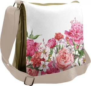 Lunarable Floral Messenger Bag, Botany Themed Rose Peony, Unisex Cross-body