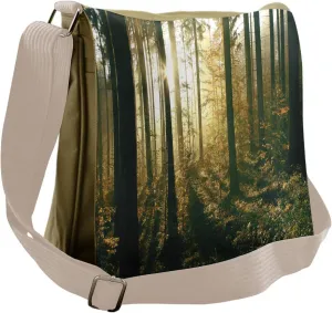 Lunarable Forest Messenger Bag, Misty Autumn Morning Trees, Unisex Cross-body