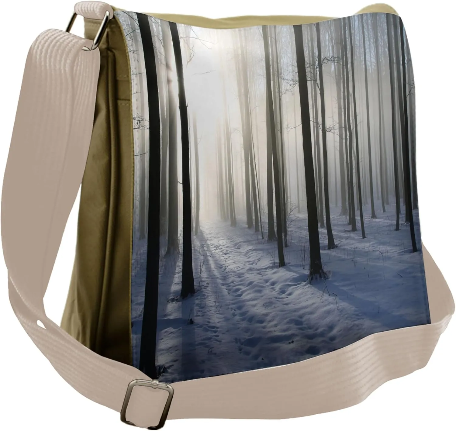 Lunarable Forest Messenger Bag, Path in Misty Snowy Winter, Unisex Cross-body