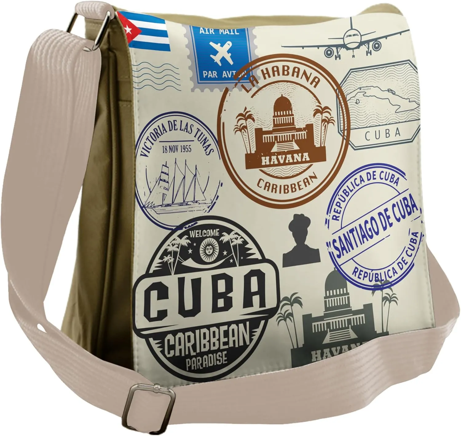 Lunarable Havana Messenger Bag, Passport Stamp Design Cuba, Unisex Cross-body