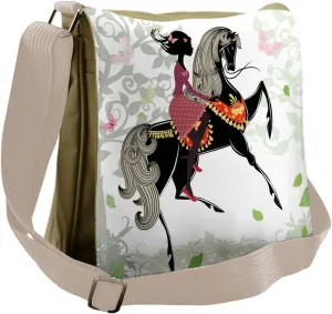 Lunarable Horse Messenger Bag, Girl on Pony with Ornaments, Unisex Cross-body