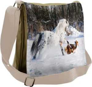 Lunarable Horses Messenger Bag, Appaloosa Pony with Dogs, Unisex Cross-body