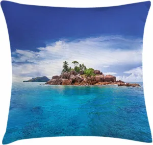Lunarable Island Throw Pillow Cushion Cover, Island at Seychelles Coconut Journey Jungle Rocky Coast Waves Surface Print, Decorative Square Accent Pillow Case, 40" X 40", Blue Caramel Green