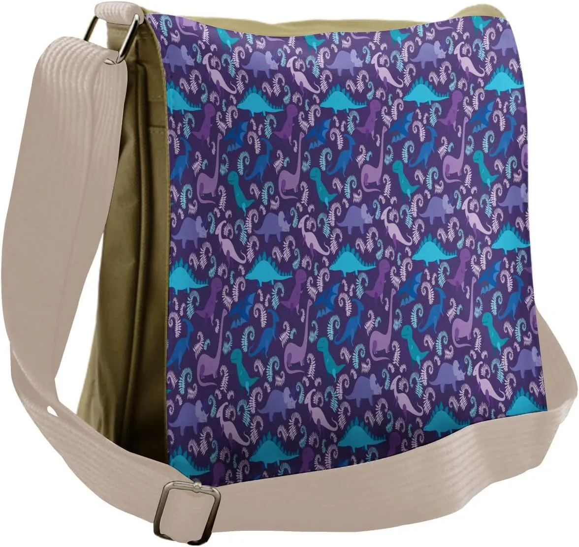 Lunarable Jurassic Messenger Bag, Cartoon Reptiles and Ferns, Unisex Cross-body