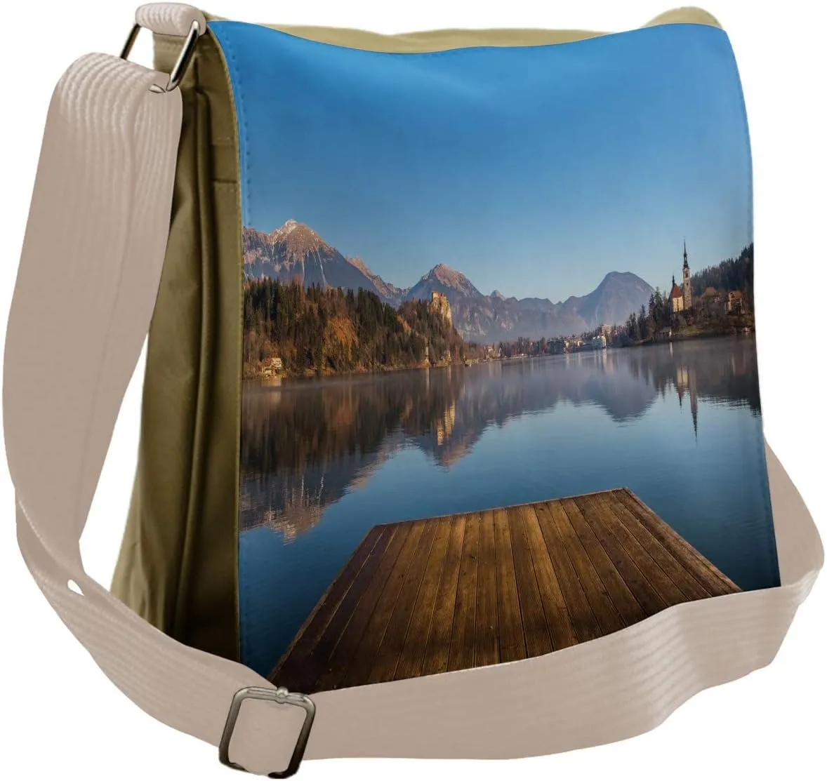 Lunarable Landscape Messenger Bag, Old Deck River Mountains, Unisex Cross-body