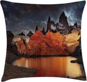 Lunarable Landscape Throw Pillow Cushion Cover, Patagonia Wonders of The World Natural Setting Sunset Trekking Serene Dawn Image, Decorative Square Accent Pillow Case, 26" X 26", Orange Blue