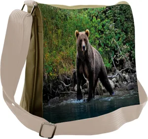 Lunarable Messenger Bag, Grizzly Brown Bear in Lake, Unisex Cross-body