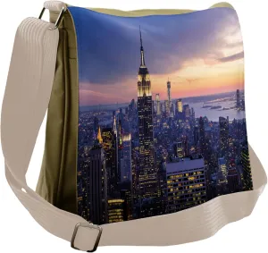 Lunarable Modern Messenger Bag, Skyscrapers Skyline Sunset, Unisex Cross-body