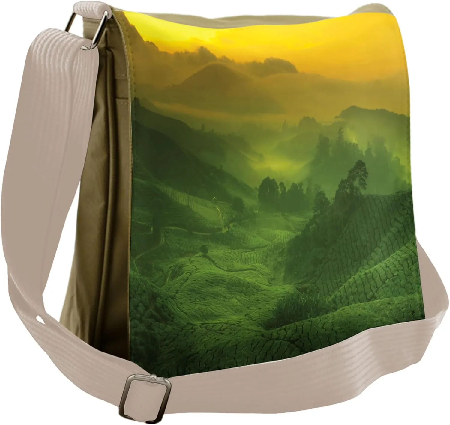 Lunarable Nature Messenger Bag, Sunrise Tea Plantation Field, Unisex Cross-body