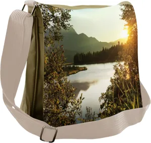 Lunarable Nature Messenger Bag, Sunset Scene Lake Bushes, Unisex Cross-body