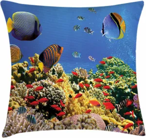 Lunarable Ocean Throw Pillow Cushion Cover, Submerged Colorful Coral Colony on Reef Exotic Fishes Tranquil Shallow Sea Picture, Decorative Square Accent Pillow Case, 28" X 28", Multicolor