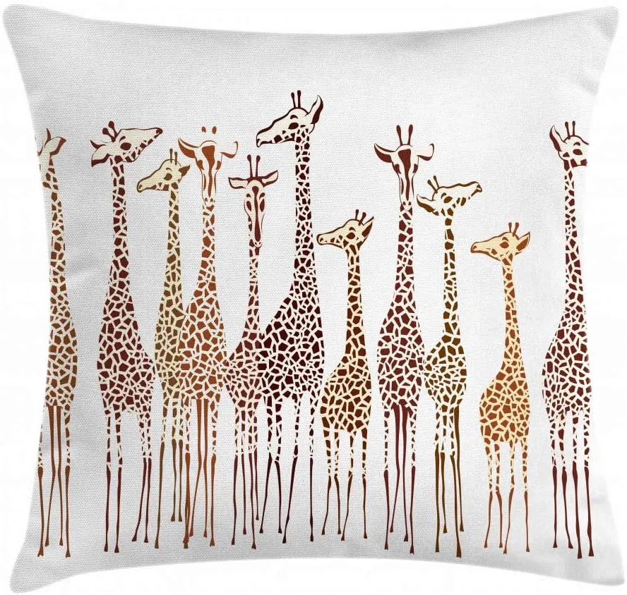 Lunarable Savannah Throw Pillow Cushion Cover, Tropical Giraffes Exotic Climates Wilderness Savannah Animals Illustration, Decorative Square Accent Pillow Case, 28" X 28", Brown