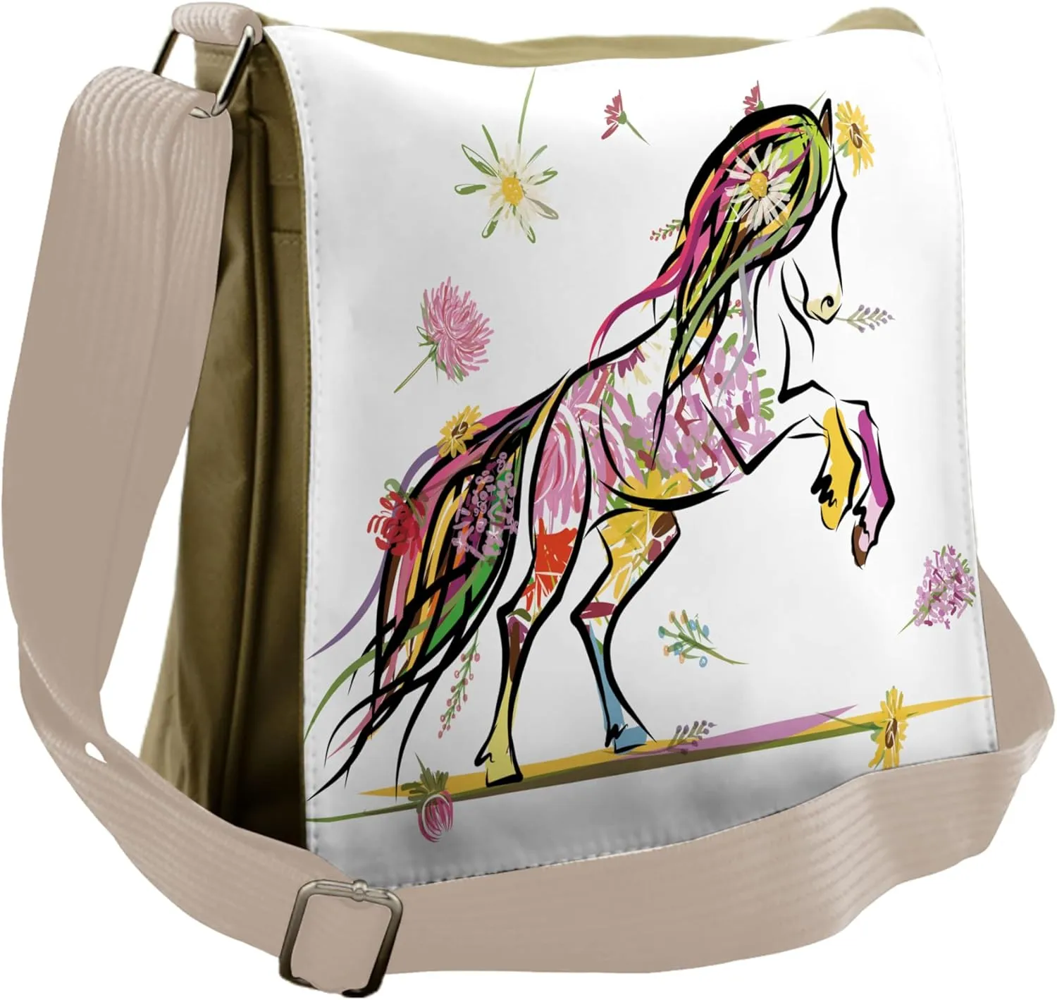 Lunarable Sketchy Messenger Bag, Pony Horse Colorful Flowers, Unisex Cross-body