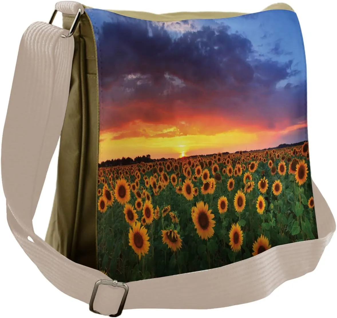 Lunarable Sunflower Messenger Bag, Field Dramatic Sunset, Unisex Cross-body