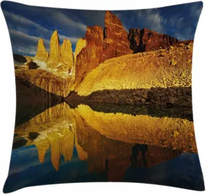 Lunarable Sunrise Throw Pillow Cushion Cover, Exquisite Cliffs by Lake Torres Del Paine National Park Patagonia, Decorative Square Accent Pillow Case, 40" X 40", Pale Coffee Cinnamon Blue