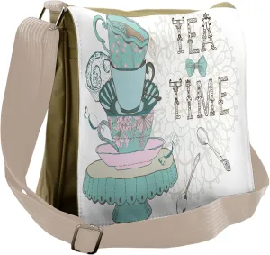Lunarable Vintage Messenger Bag, Tea Time Colorful Cup Spoon, Unisex Cross-body