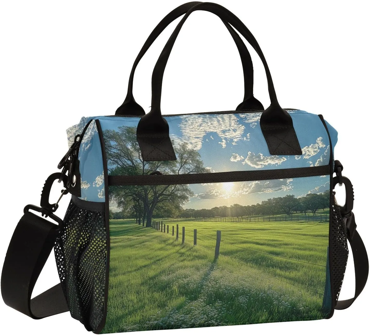 Lunch Bag Green Grassy Field with Tree Women Men Adult Reusable Leakproof Large Spacious Cooler Tote Insulated Lunch Box for Work Office Travel Picnic, Medium