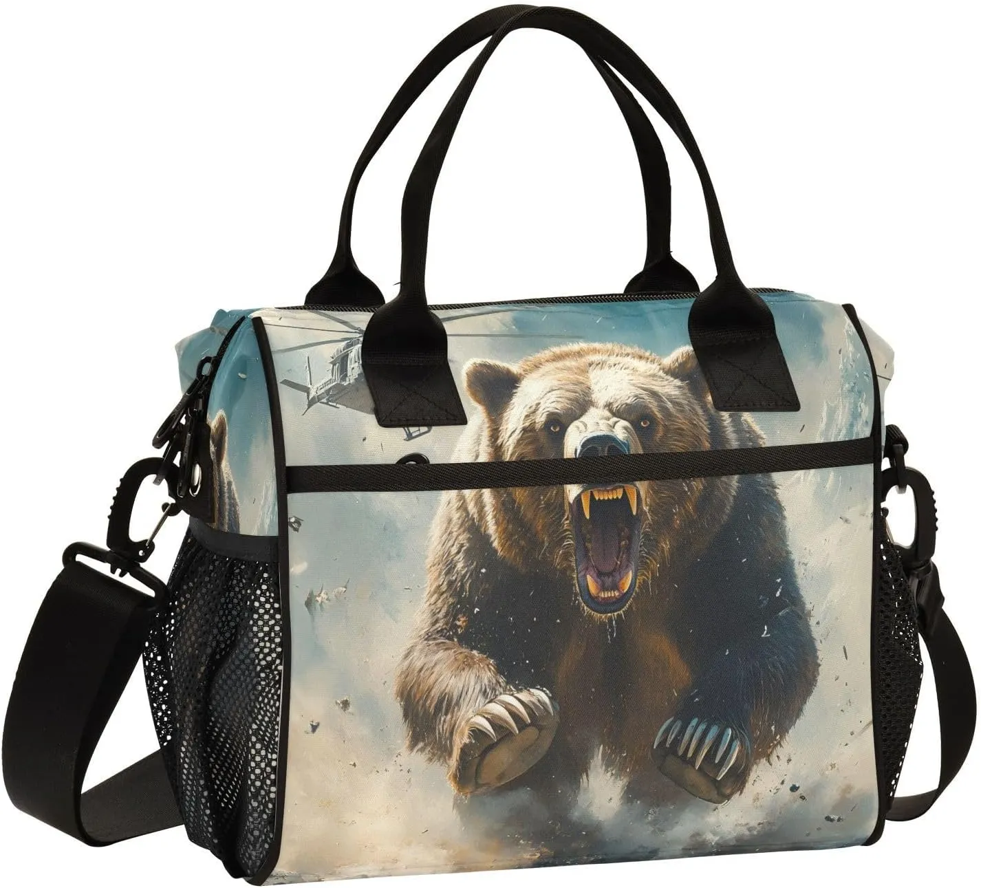 Lunch Bag Grizzly Bear Helicopter Women Men Adult Reusable Leakproof Large Spacious Cooler Tote Insulated Lunch Box for Work Office Travel Picnic, Medium