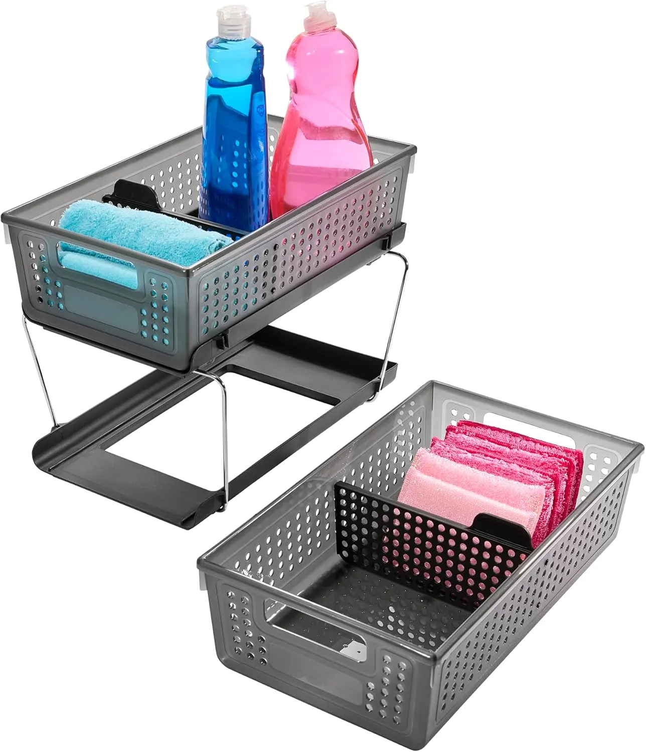 Madesmart 2-Tier Organizer Multi-Purpose Slide-Out Storage with Handles and Dividers for Home and Bath, BPA Free, Pack of 1, Carbon