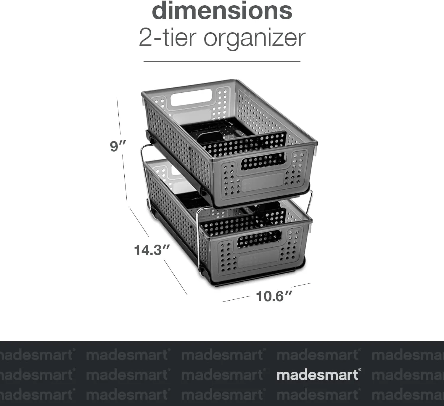 Madesmart 2-Tier Organizer Multi-Purpose Slide-Out Storage with Handles and Dividers for Home and Bath, BPA Free, Pack of 1, Carbon