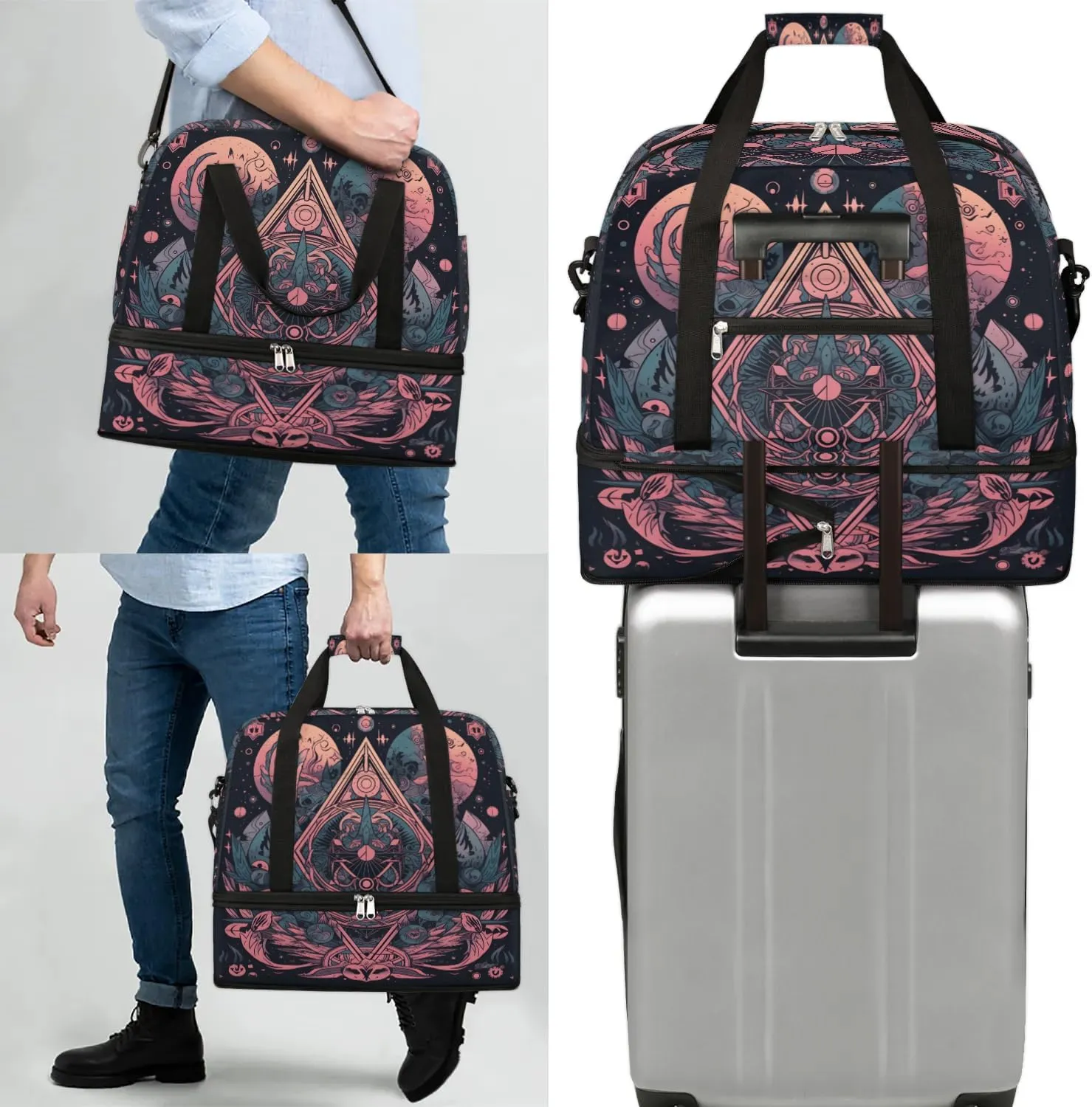 Magic Array Retro Pattern Travel Duffle Bag, Collapsible Travel Bag Sports Gym Bag With Shoes Compartment Weekender Bag Overnight Bag For Women Men