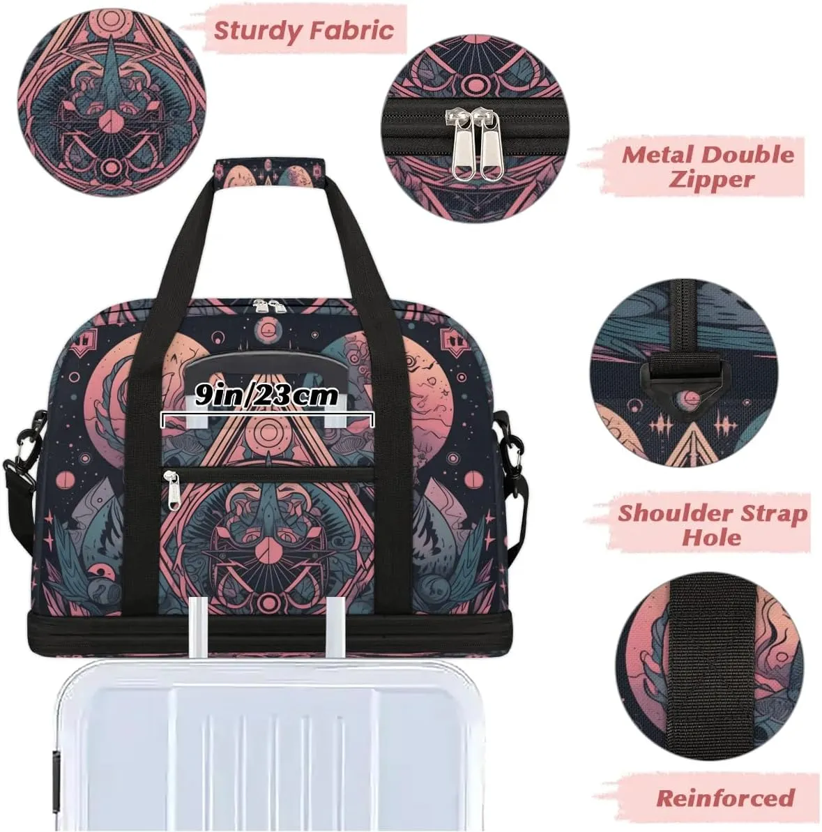 Magic Array Retro Pattern Travel Duffle Bag, Collapsible Travel Bag Sports Gym Bag With Shoes Compartment Weekender Bag Overnight Bag For Women Men