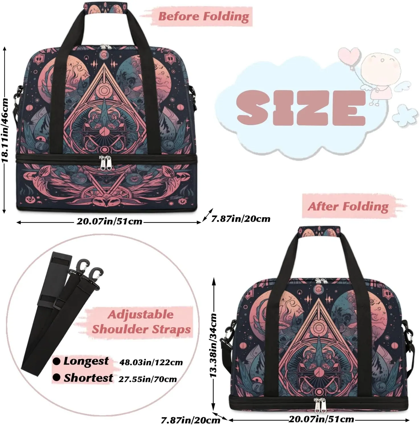 Magic Array Retro Pattern Travel Duffle Bag, Collapsible Travel Bag Sports Gym Bag With Shoes Compartment Weekender Bag Overnight Bag For Women Men
