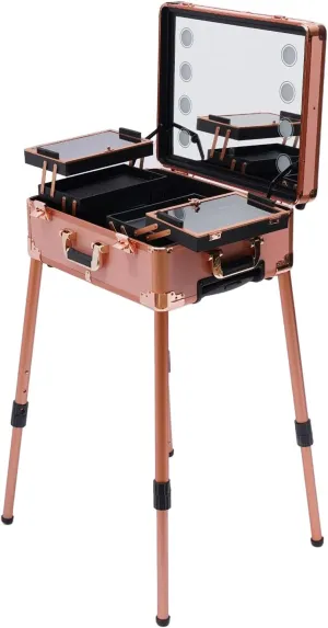 Make-up Case Height Adjustable Cosmetic Case Lockable Rolling Cosmetic Train Table with Large Clear Mirror and 8 LED Bulbs for Professional Make-up Artists, Hairdressers