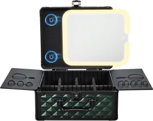 Makeup Box with Magnetic Lighted Up Mirror Makeup Organizer Box Travel Cosmetic Case Portable Vanity with 3 Colors LED MirrorMake up Suitcase with Lockable Keys Dividers Brush Holder Dark Green