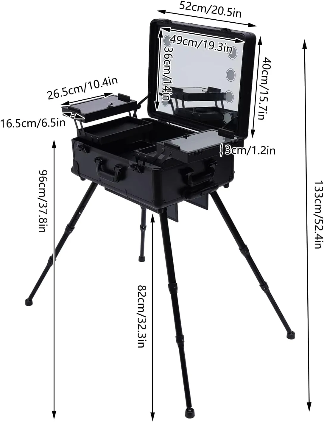 Makeup Case, Rolling Make-Up Case Professional Makeup Station Adjustable Makeup Train Case Travel Cosmetic Storage Box w/LED Light for Hairdressers, Nail Technicians, Beauticians (Black)