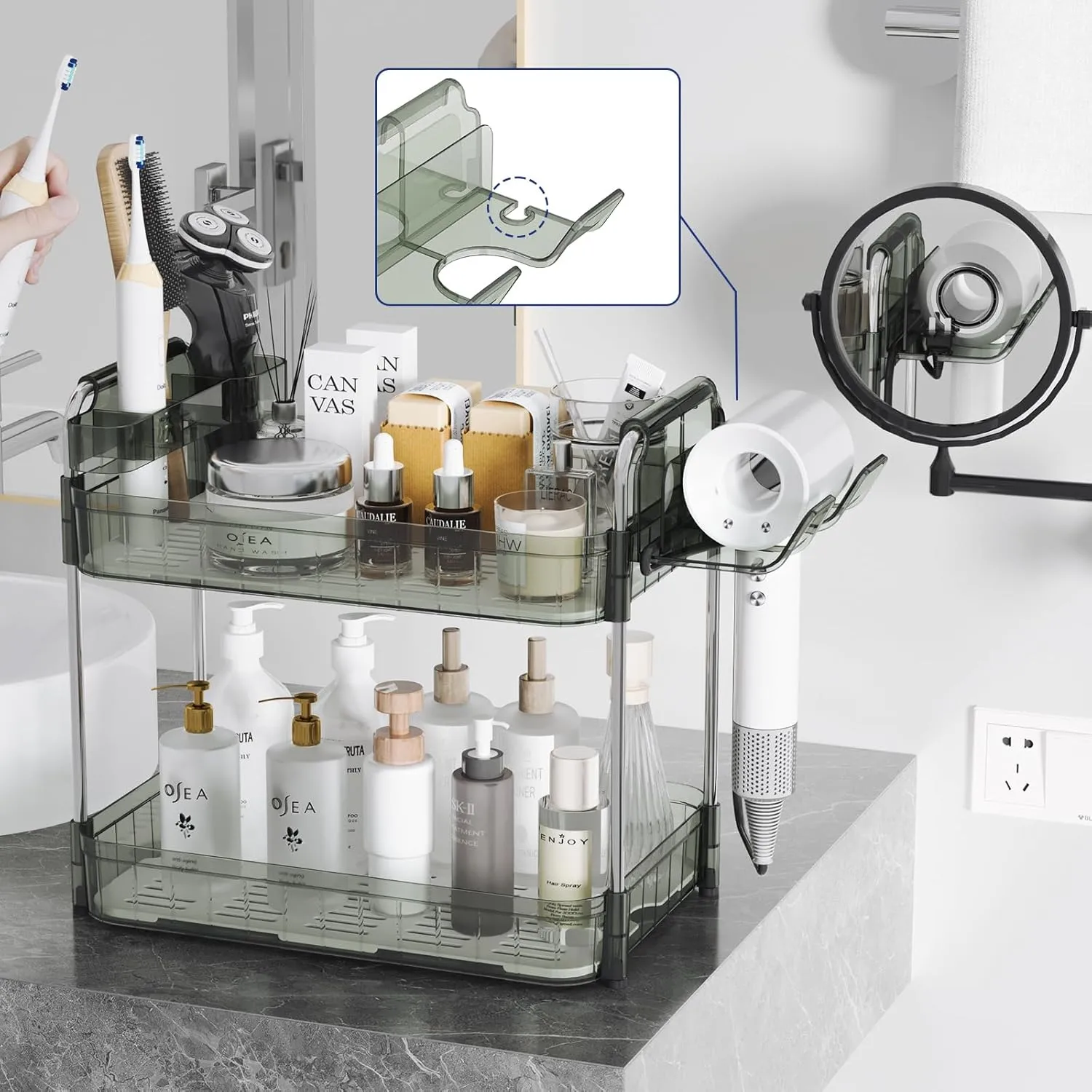 Makeup Counter Organizer With Hair Dryer Holder, Bathroom Countertop Storage, Cosmetics Skincare And Personal Hygiene Products Organizer,Perfume for Dresser Vanity Tray (Transparency Green)